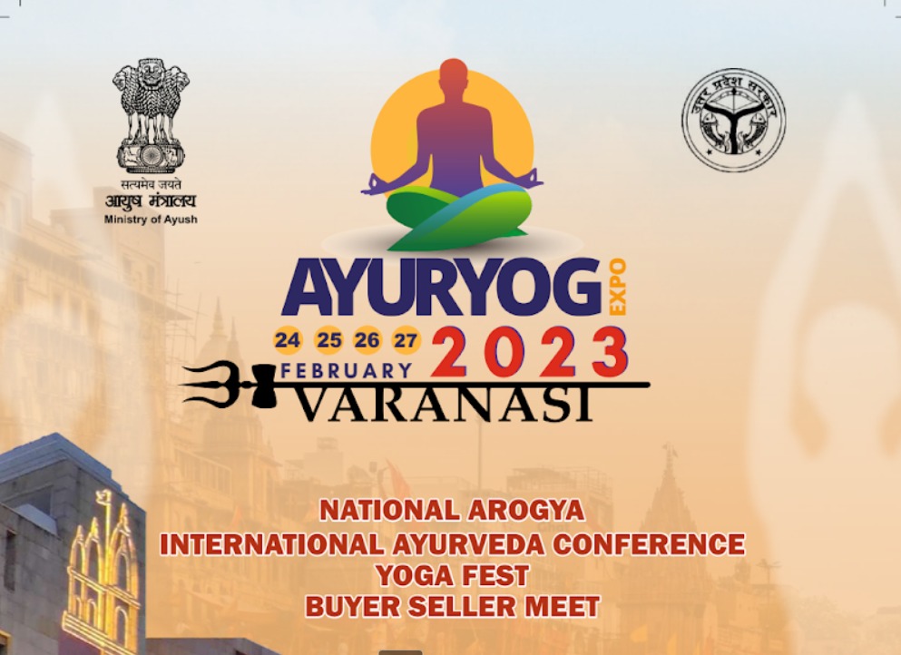 Official AyurYog Expo 2023 poster with Ministry of Ayush and UP Government logos